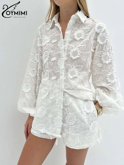 Oymimi Women’s Summer 2-Piece Cotton Set – White Jacquard Button Shirt & High Waist Shorts Casual Outfit for Women