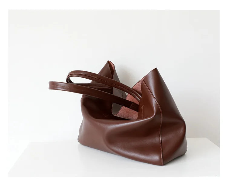 Customizable Name Large Capacity Commuter Bag – 100% Genuine Leather Soft Tote, Single Shoulder & Diagonal Shopping Bag