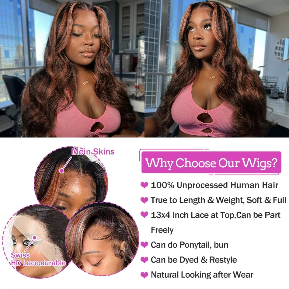 Ombre Highlight Body Wave Wig – 13x4 Lace Front, 1B/30 Black Brown HD Brazilian Human Hair Wig for Women