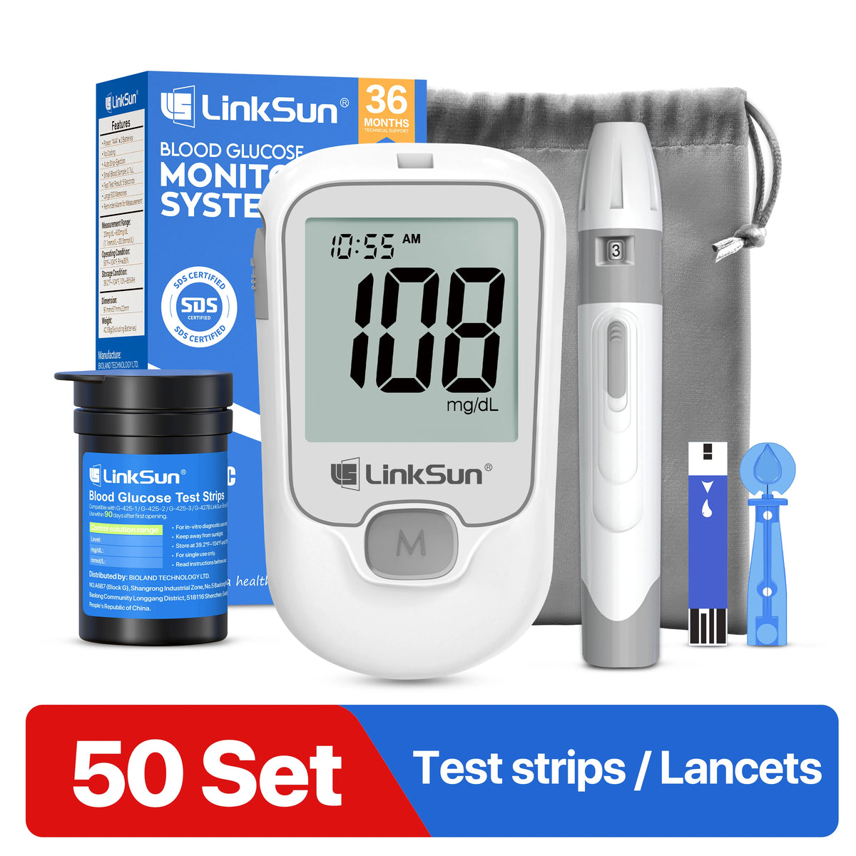 LinkSun G-425-1 Blood Glucose Meter Kit - Digital Diabetes Tester with 50 or 100 Test Strips and Lancets
