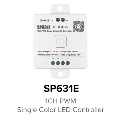 SP630E All-in-One LED Controller 5CH PWM SPI, RGB/RGBW/CCT Music Sync Bluetooth, Compatible with WS2812B WS2811 SK6812 FCOB 5050 5V–24V LED Strip