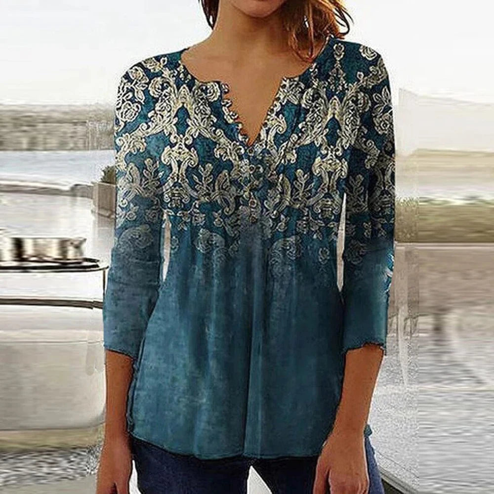 2024 Trendy 3D Printed Women’s Blouse Shirt – V Neck Button-Up 3/4 Sleeve Elegant Spring Summer Fashion Top