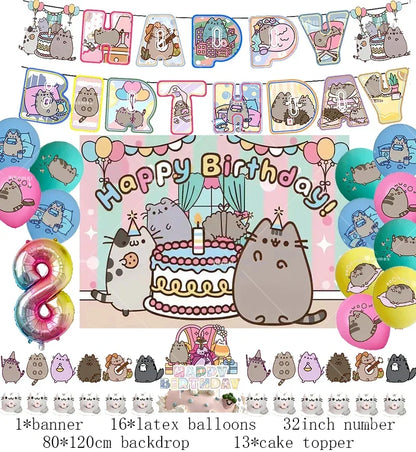 Pusheen Cat Birthday Party Decorations - Cartoon Pet Theme Balloons, Banner, Backdrop, Cake Topper, and Baby Shower Stickers