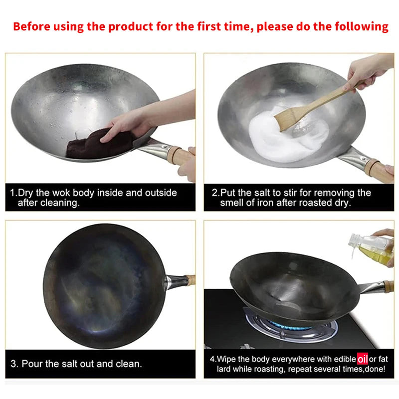 30cm Traditional Hand-Forged Iron Frying Pan, Non-Coated with Wooden Handle, Old-Style Household Cookware