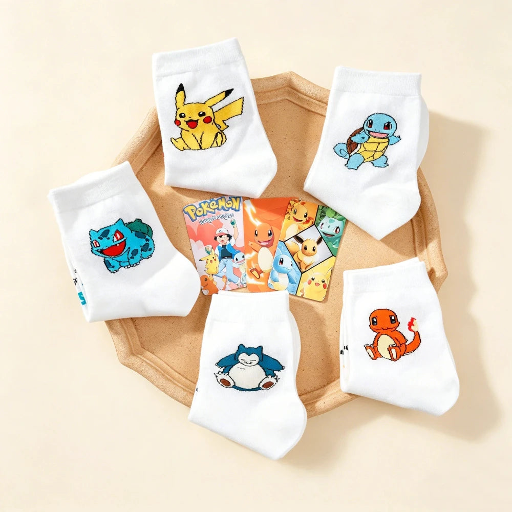 5 Pairs Women's Pokemon Cartoon Socks - Cute Cotton Mid-Calf Crew Socks with Colorful Graffiti Prints