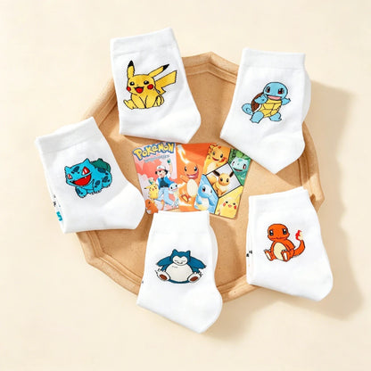 5 Pairs Women's Pokemon Cartoon Socks - Cute Cotton Mid-Calf Crew Socks with Colorful Graffiti Prints
