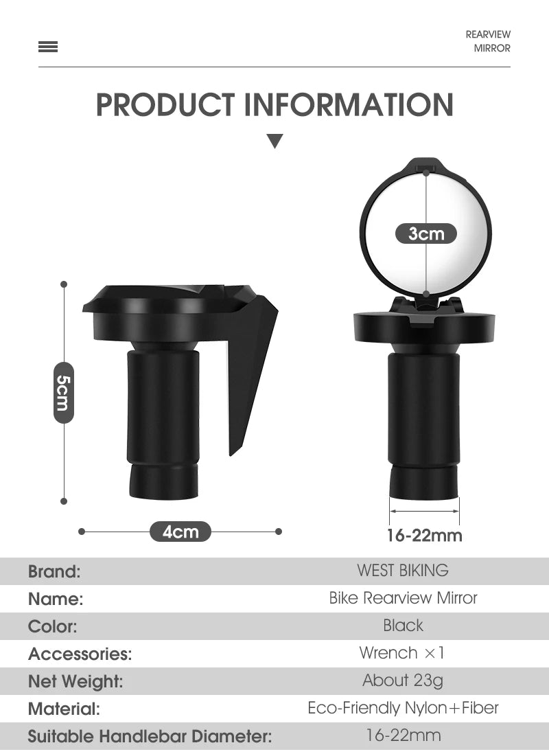 WEST BIKING Adjustable Bicycle Rearview Mirror – Universal Convex Handlebar End Mirror for MTB & Road Bikes