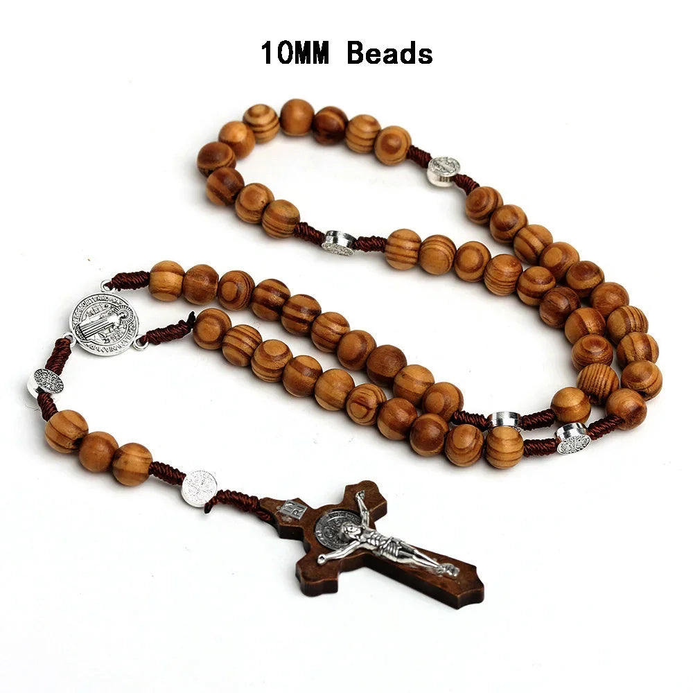 Catholic Wooden Beaded Rosary Necklace – INRI Crucifix Cross Pendant Long Chain Christian Prayer Jewelry for Men & Women