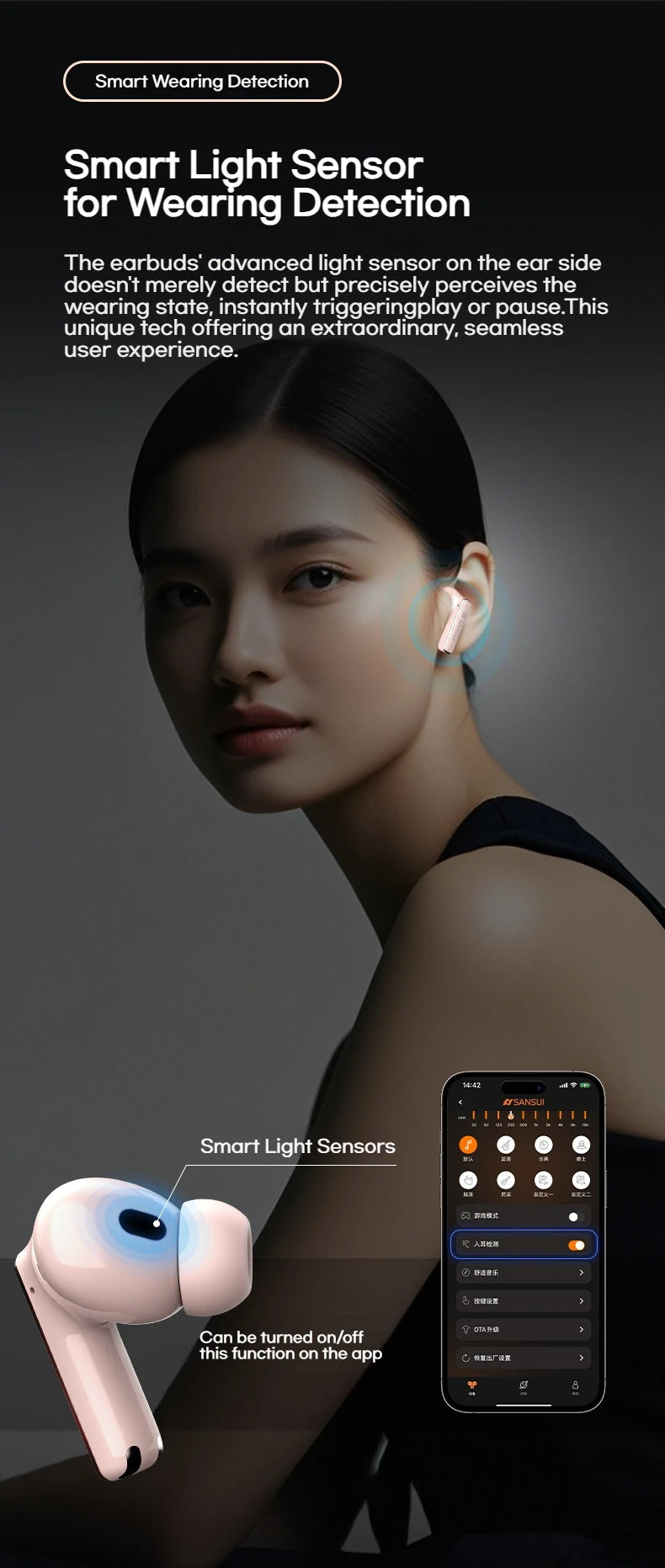 Sansui W28 ANC Bluetooth Earbuds – -52dB Noise Cancelling, 6-Mic HD Calls, In-Ear Detection, Comfort Fit for Sports & Work