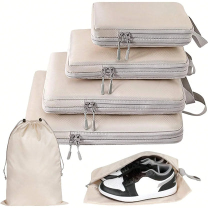 6-Piece Compressible Waterproof Nylon Packing Cubes Set – Portable Travel Storage Bags with Handbag Luggage Organizer