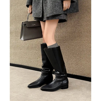 MORAZORA Women’s Cow Suede Knee-High Boots – Pointed Toe, Low Square Heel, Autumn Winter Long Boots, Size 34-41