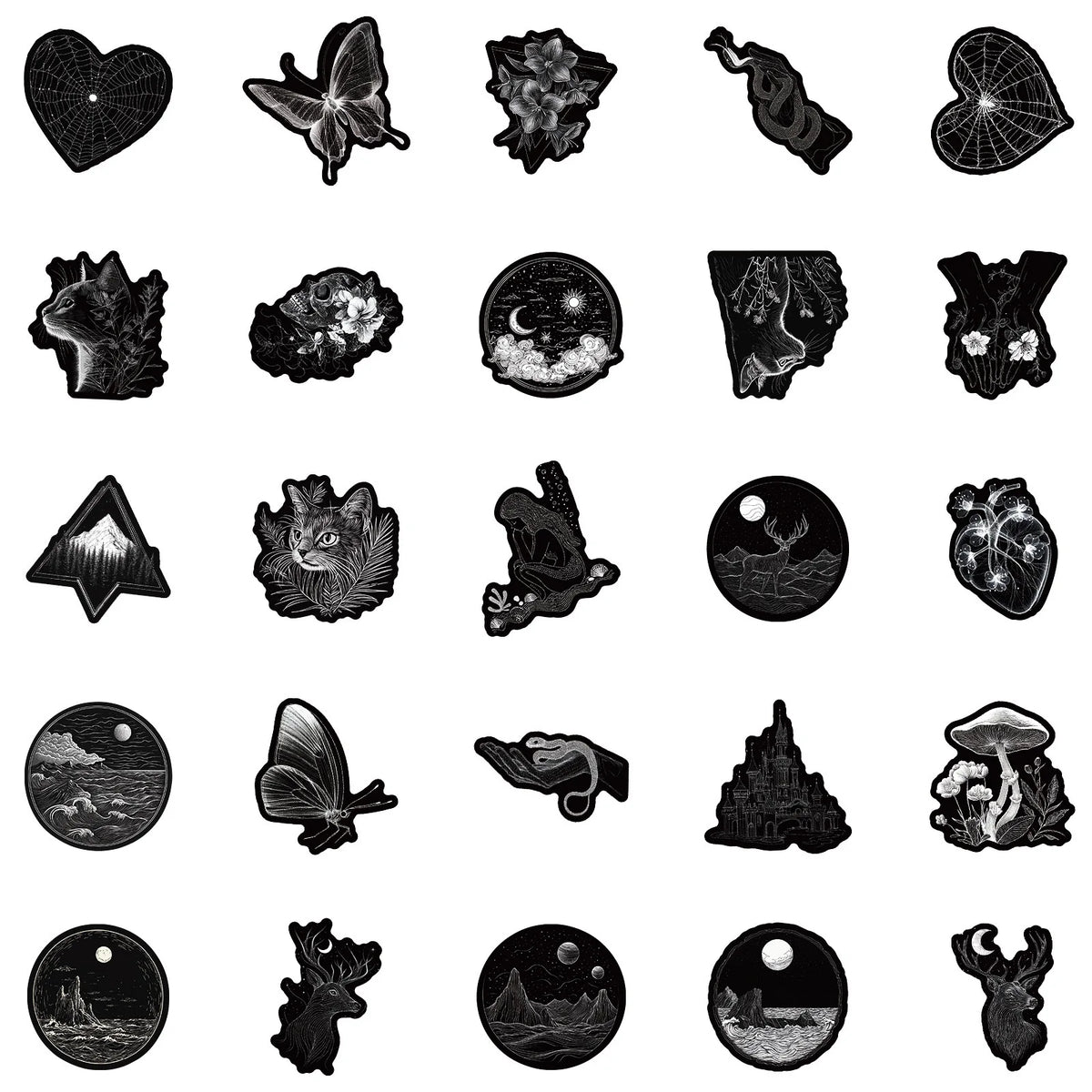 50PCS Black & White Gothic Stickers - Skull-Themed Waterproof Decals for Phone, Luggage & Scrapbooking