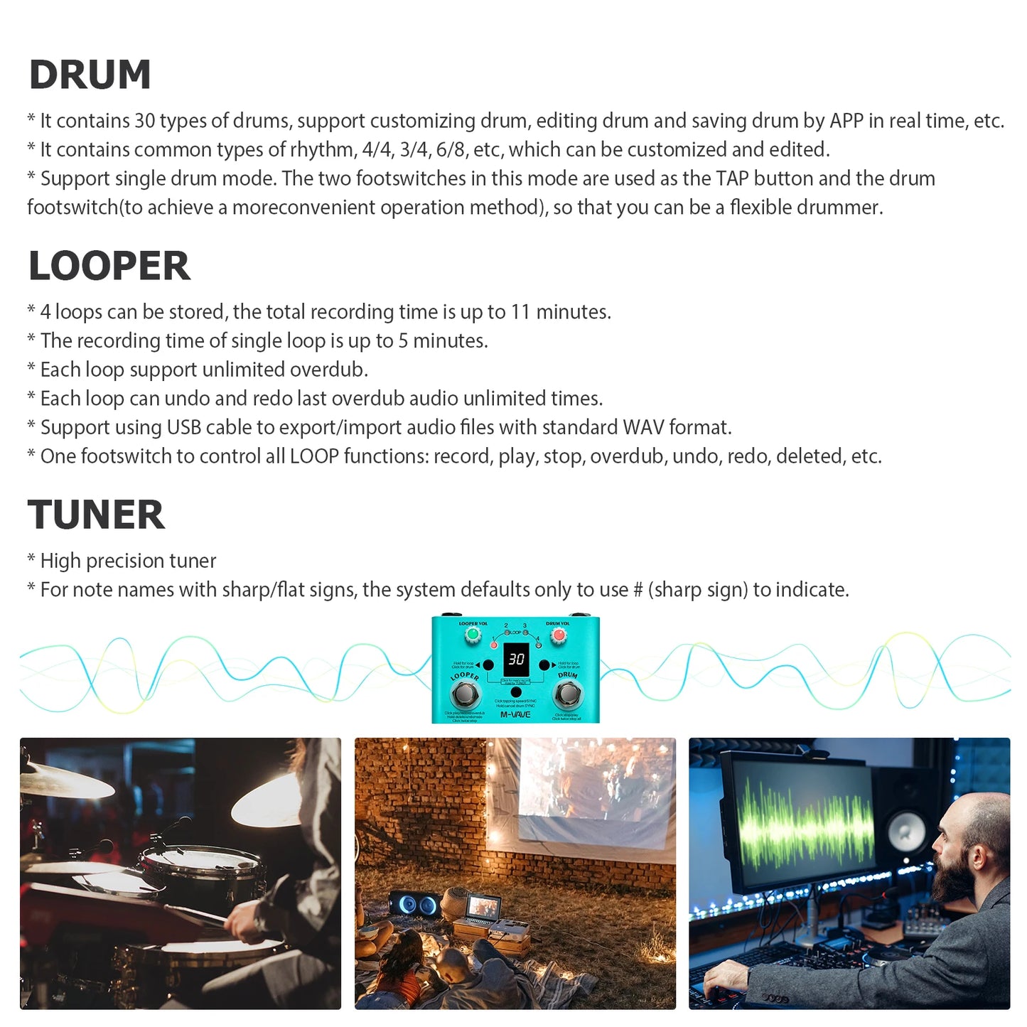 M-VAVE LOST TEMPO Effect Pedal – 2 in 1 Drum & Looper Mini Pedal with Double Footswitch, Drum Machine Pedal
