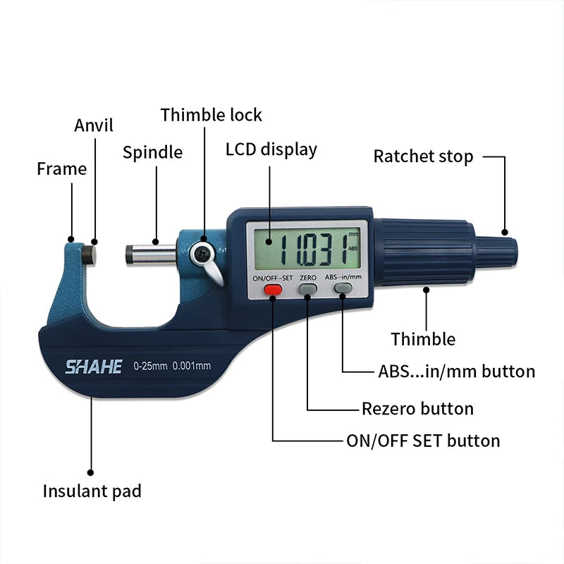 SHAHE 0.001mm Electronic Outside Micrometer — 0-25mm Digital Caliper Gauge for Precision Measurement
