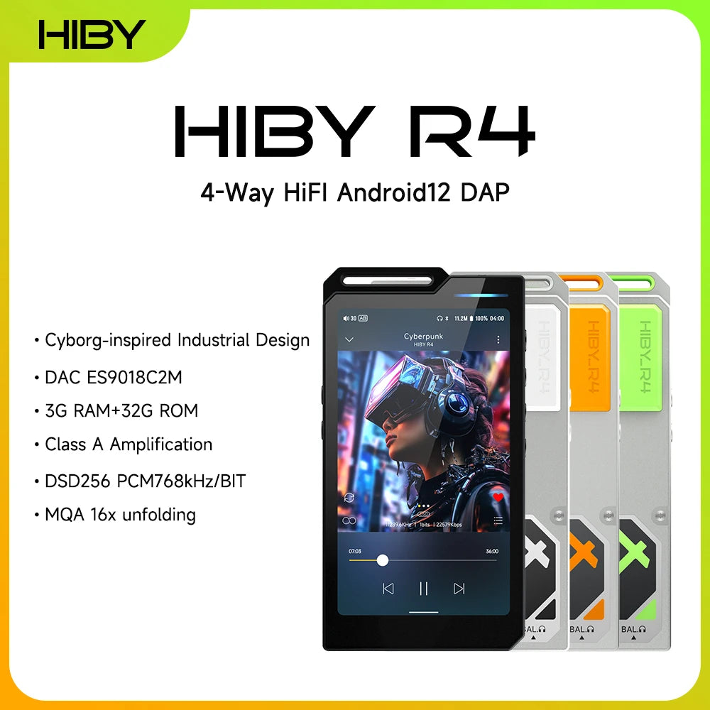HiBy R4 HiFi Music Player - Android 12, Quad DAC, Bluetooth, WiFi, DSD256, MQA, USB DAC & Headphone Amplifier