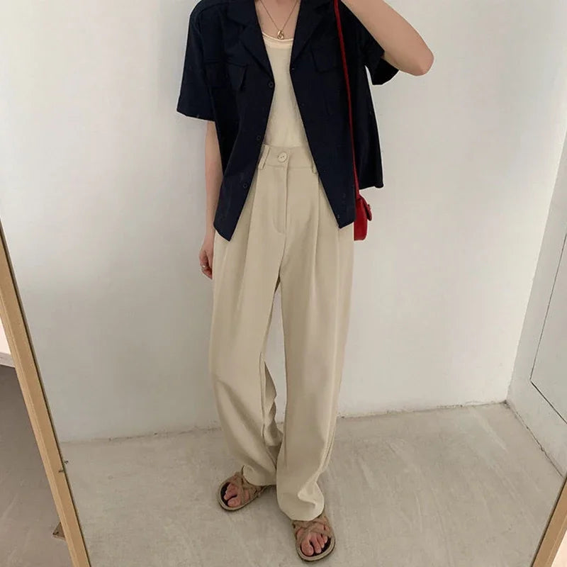 High Waist Women’s Suit Pants – Straight Office Trousers, Casual Button Loose Black Pants for Fall 2024