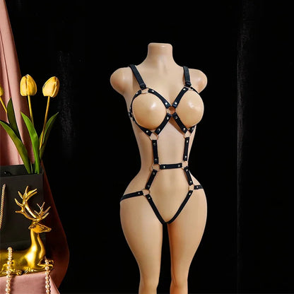 Women Black PU Leather Punk Lace-Up Bodysuit – Adjustable One-Piece Tight-Fit Fashion Harness Accessory