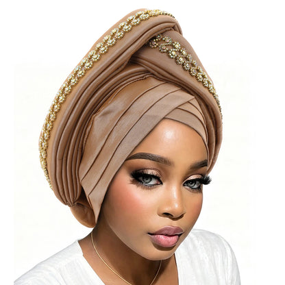Luxury Diamond African Turban Headtie - Nigerian Auto Gele Head Wrap for Women, Wedding & Party Headpiece
