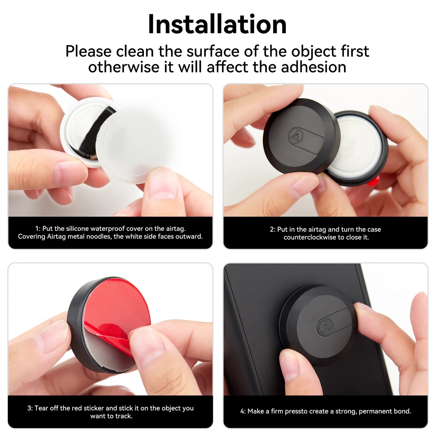Waterproof Airtag Case with Adhesive Sticker — 4-Pack Holder for Apple Airtag, Bike, TV Remote, Drone & Car