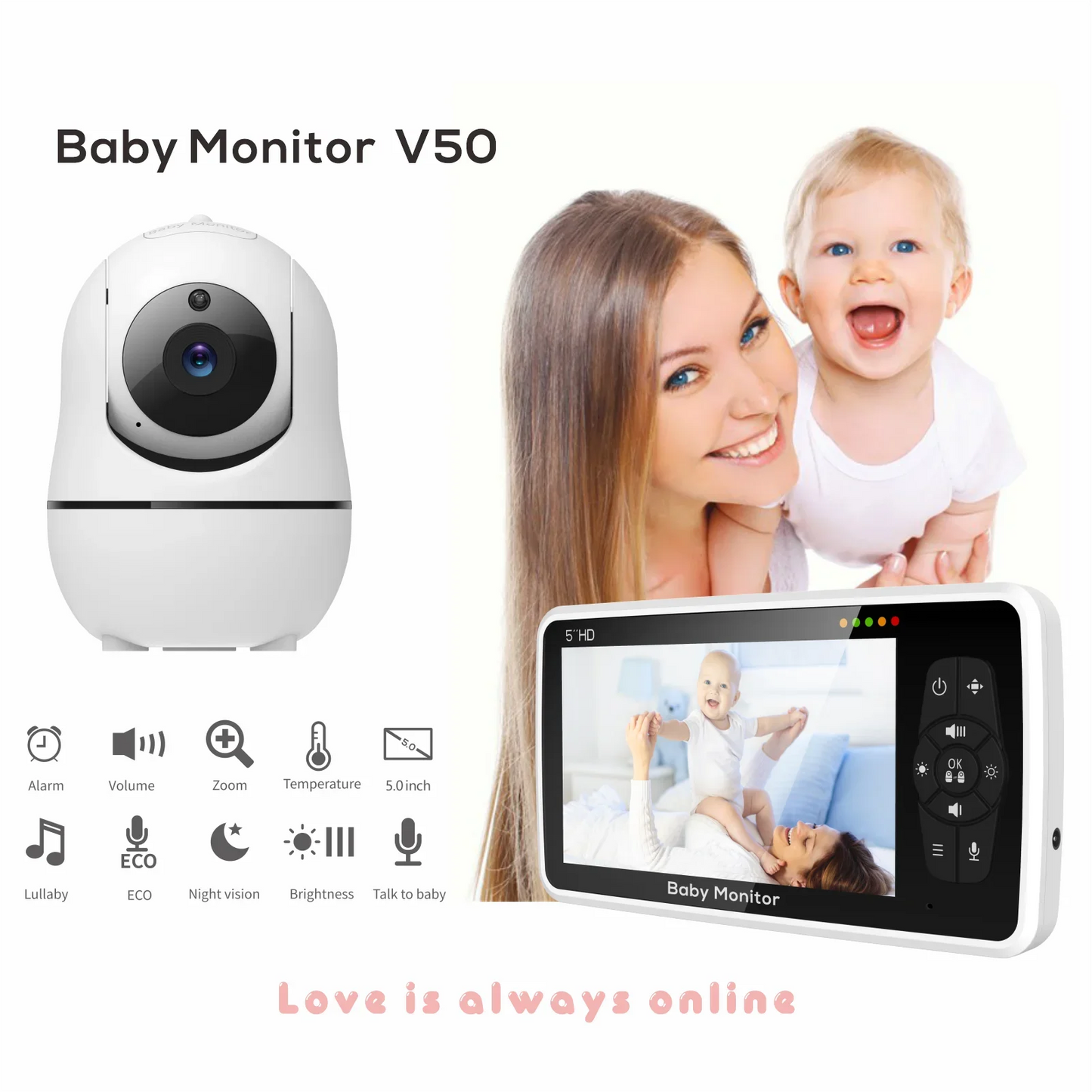 5" Video Baby Monitor with Camera & Audio – 4X Zoom, 22Hr Battery, 1000ft Range, 2-Way Talk, Temperature Sensor & Lullaby Functions