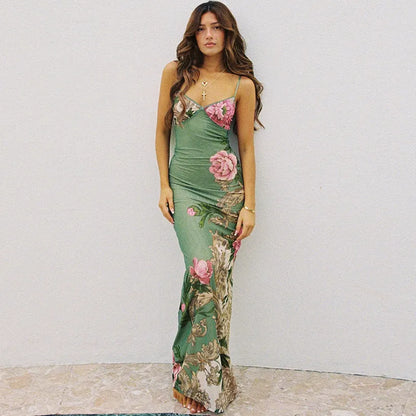Summer Style Staple: Sleeveless Print Suspender Dress - V-Neck Slim Long Skirt, Women's Beach Party Club Robe (Style: JY23159SK)