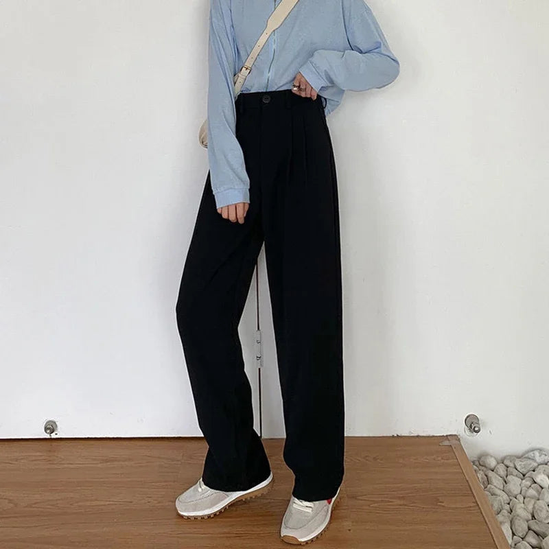 High Waist Women’s Suit Pants – Straight Office Trousers, Casual Button Loose Black Pants for Fall 2024