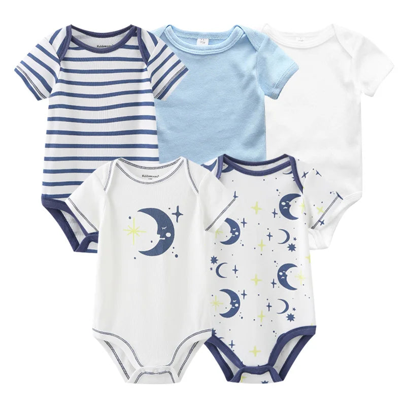 5PCS Newborn Baby Bodysuit Set - Soft Cotton Unisex Baby Clothes with Cartoon Print for Boys & Girls