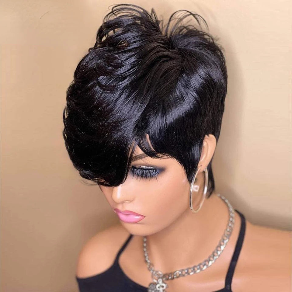 Pixie Cut Human Hair Wig for Women – Short Layered Wig with Bangs, Brazilian Real Full Machine-Made Hair Replacement