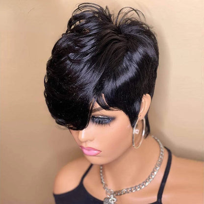 Pixie Cut Human Hair Wig for Women – Short Layered Wig with Bangs, Brazilian Real Full Machine-Made Hair Replacement