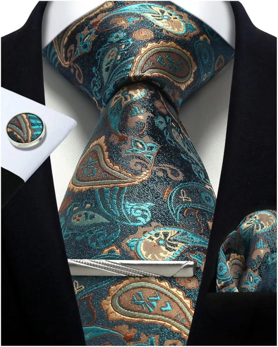 100% Silk Men’s Necktie Set with Paisley Floral Design, Business Tie with Pocket Square, Tie Clip & Cufflinks Gift Box Set for Men