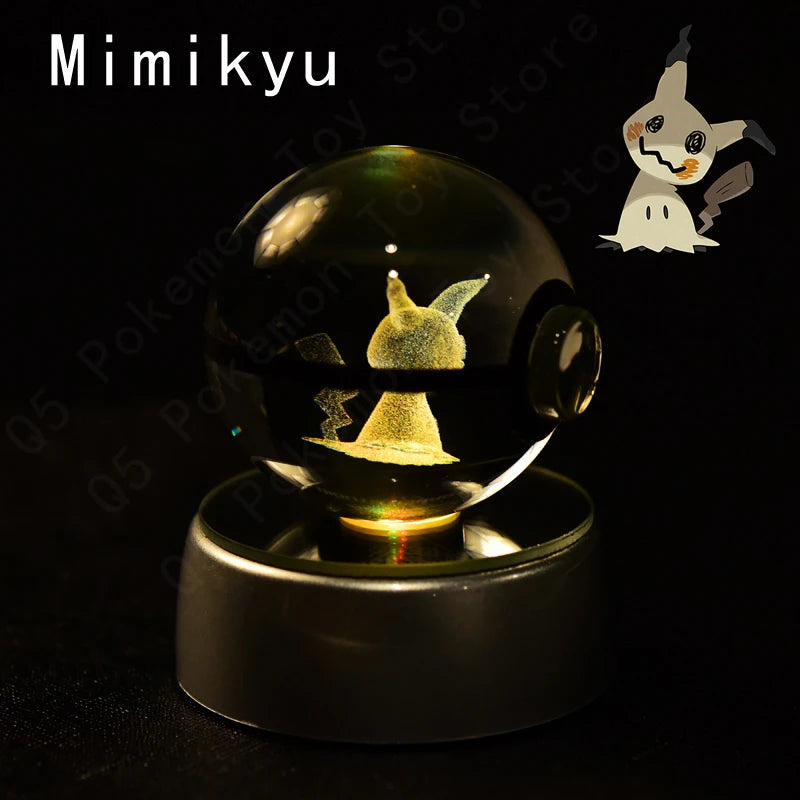 Pokemon 3D Crystal Ball Figurine — Pikachu, Gengar, Mew, Mewtwo Glass Statue with Lamp Base, Kids Birthday Gift