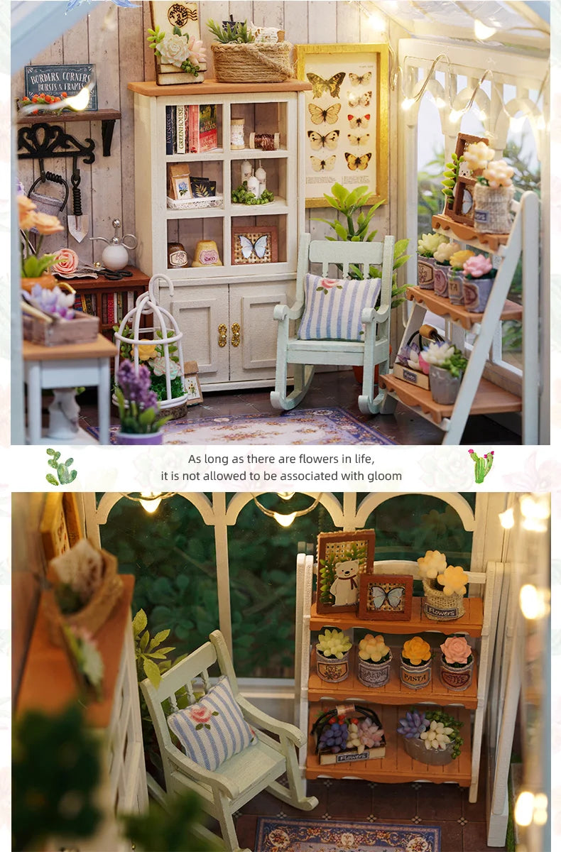 DIY Wooden Sunshine Greenhouse Cottage – Miniature Dollhouse Kit with Furniture for Friends' Gifts
