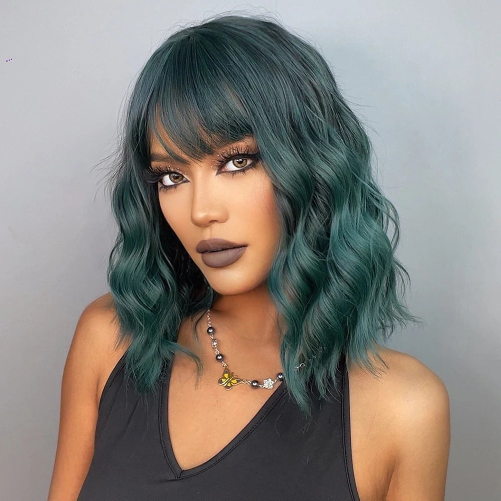 Short Wavy Green Synthetic Wig for Women – Green Cosplay Bob Wig with Bangs, Lolita Party Hair, Heat-Resistant Natural Fake Hair