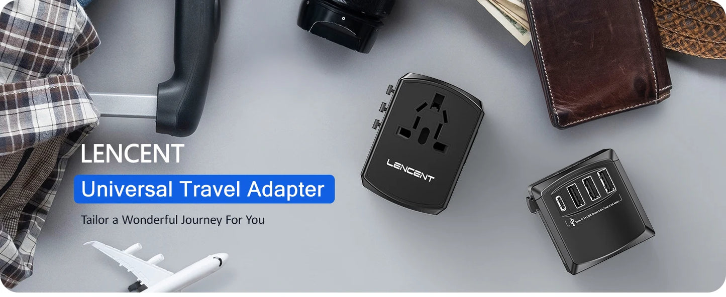 LENCENT International Travel Adapter - All-in-One Wall Charger with 3 USB Ports and 1 Type-C, for US, EU, UK, AUS Travel