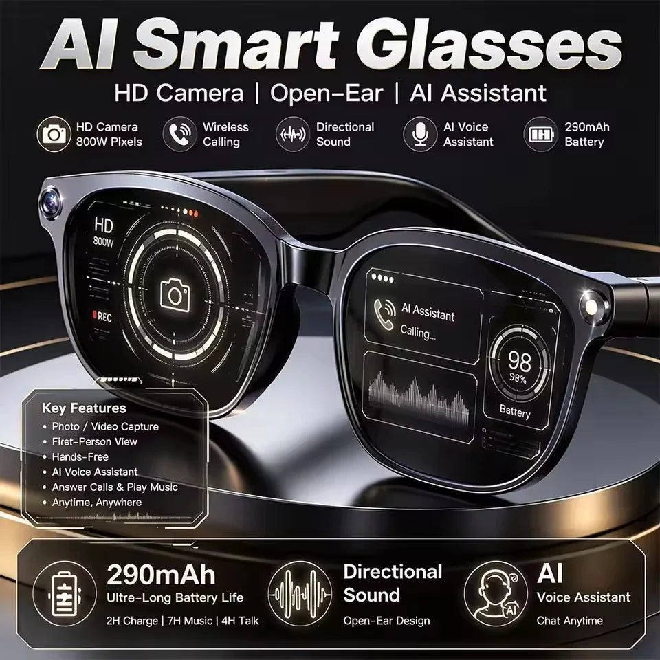 AI Smart Glasses - 800W Camera Video Recording, Photo & Translation Glasses with 32GB Storage and Waterproof Design