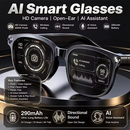 AI Smart Glasses - 800W Camera Video Recording, Photo & Translation Glasses with 32GB Storage and Waterproof Design