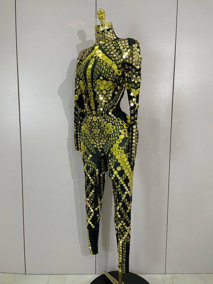 Sexy Shiny Silver Sequin & Black Spandex Jumpsuit — 2025 Women’s Prom, Dancer & Stage Performance Costume