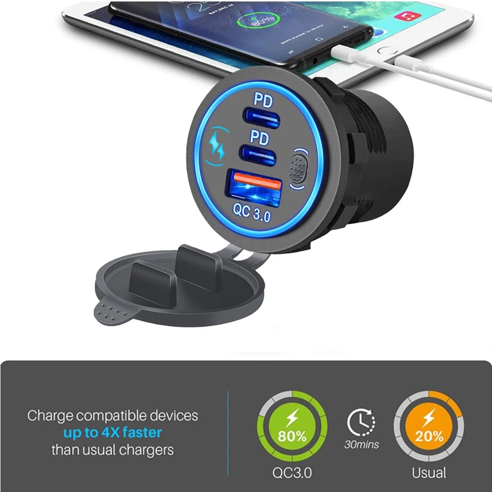 78W Dual USB C Car Charger Socket - PD3.0 & QC3.0 Fast Charging Adapter with LED Touch Switch for 12V/24V Vehicles