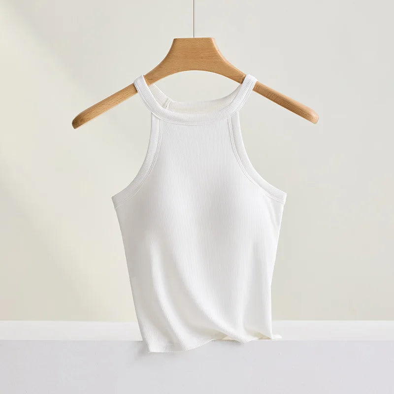 Women’s Threaded Halter Neck Camisole Top – Built-in Bra Slim Fit Elastic Breathable Sling Tank Top with Fixed Cups Underwear Style Basic Wear