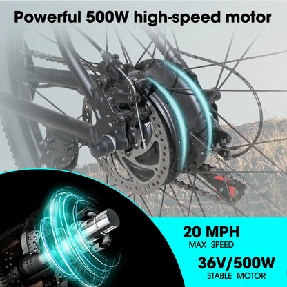 HILAND 26" Electric Mountain Bike for Adults - 500W Motor, 7 Speeds, Removable Battery, 20MPH Ebike