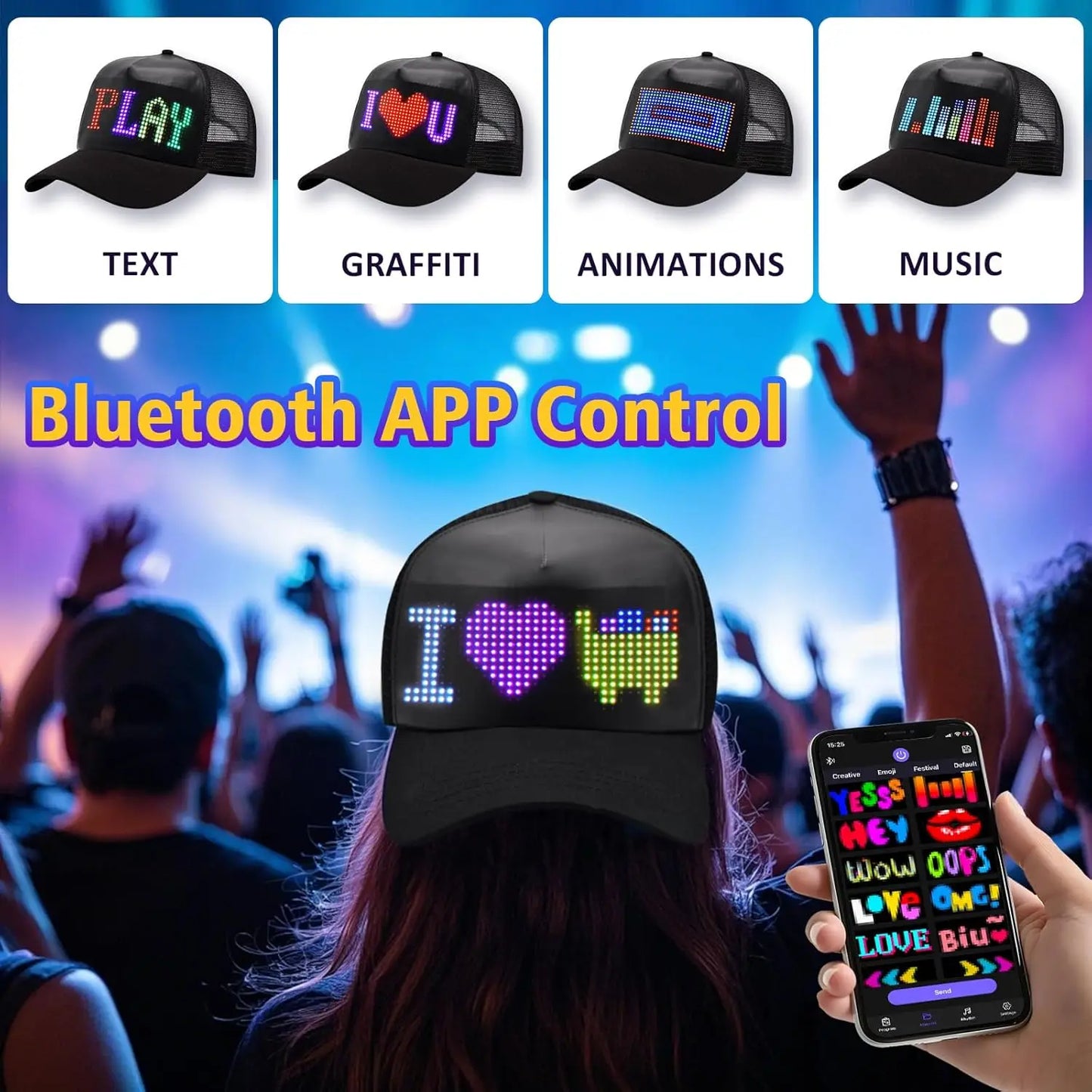 LED Baseball Cap - USB Rechargeable Bluetooth Scrolling Message Display Hat