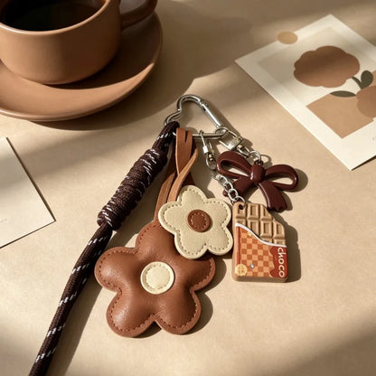 Flower Leather Bag Charm Keychain - Braided Cord & Acrylic Bow Floral Accessory for Women and Girls