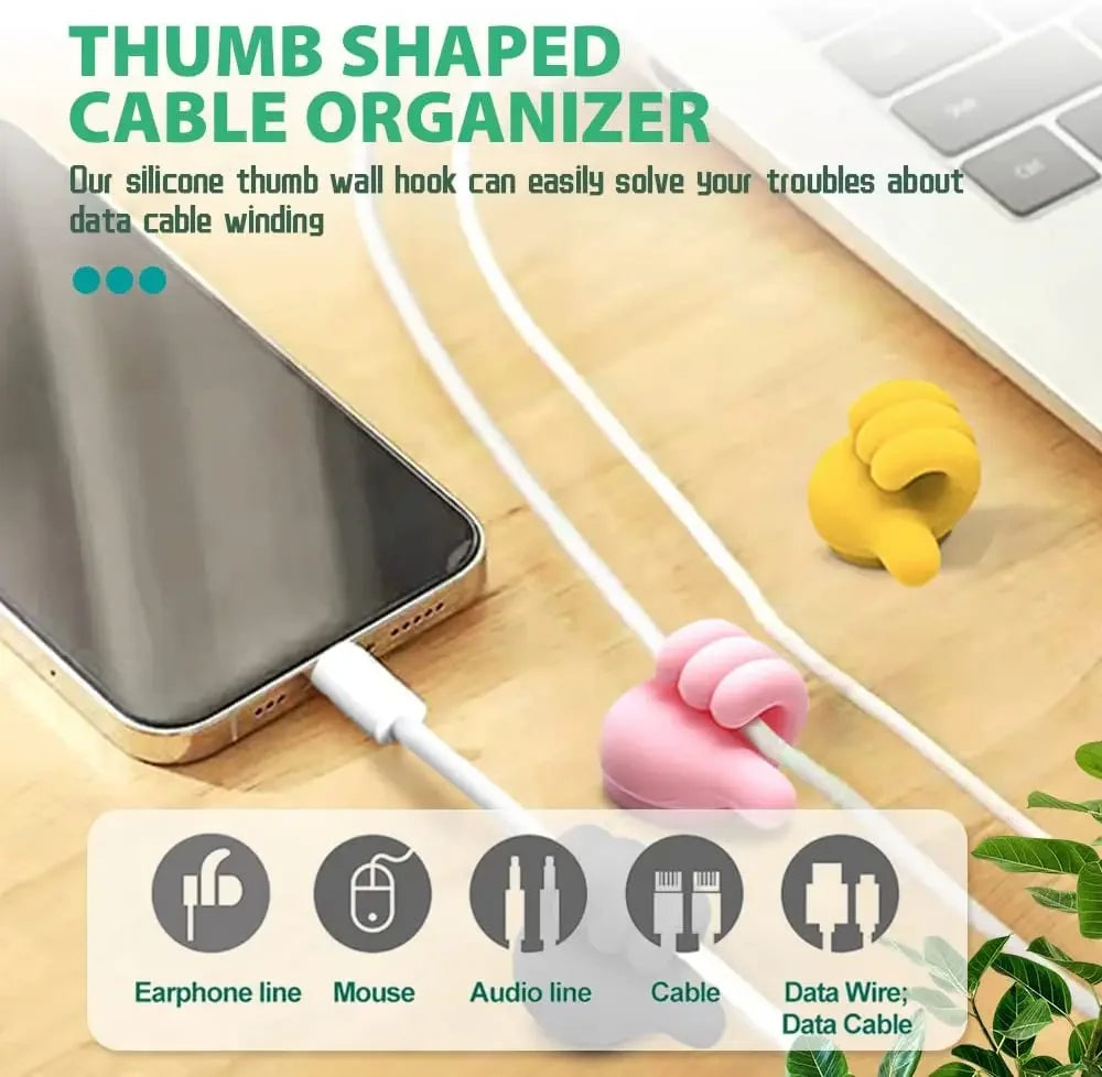 10-Pack Silicone Thumb Wall Hooks - Self-Adhesive, Creative Key Hangers and Cable Clips for Home Organization and Desk Storage