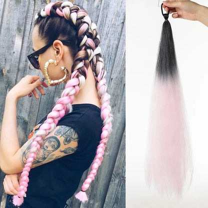 26" Synthetic Ponytail Extension - Long Straight Ombre Pink Purple Blue Hair with Elastic Tie