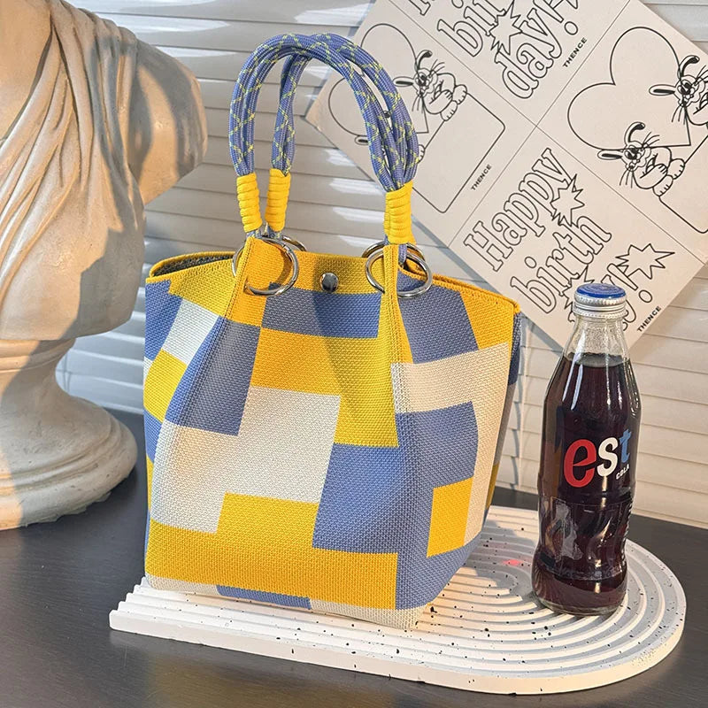 Women’s Metal Ring Bucket Handbag – Fashionable Color Block Knit Tote Bag, Spacious for Daily Commute, Leisure & Travel