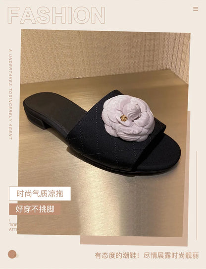 Luxury Women’s Flower Slippers — Camellia Open-Toe Slides for Home & Outdoor, Ladies Flip Flop Sandals