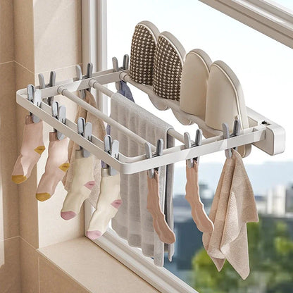 Wall-Mounted Folding Drying Rack with Windproof Sock Clips – Space-Saving Clothing Hanger for Household Laundry