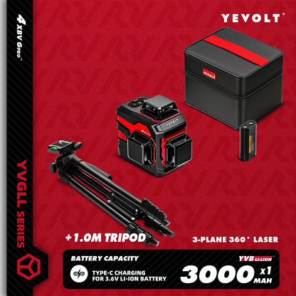 YEVOLT YVGLL4XS12 12-Line Green Laser Level – ±0.2mm/m Precision, IP54 Waterproof, Auto-Leveling with Slope Mode