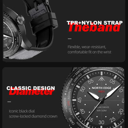 NORTH EDGE MACH 2024 Solar Powered Men's Watch – Dual Time Zone Waterproof Pilot Watch with TPR Nylon Strap