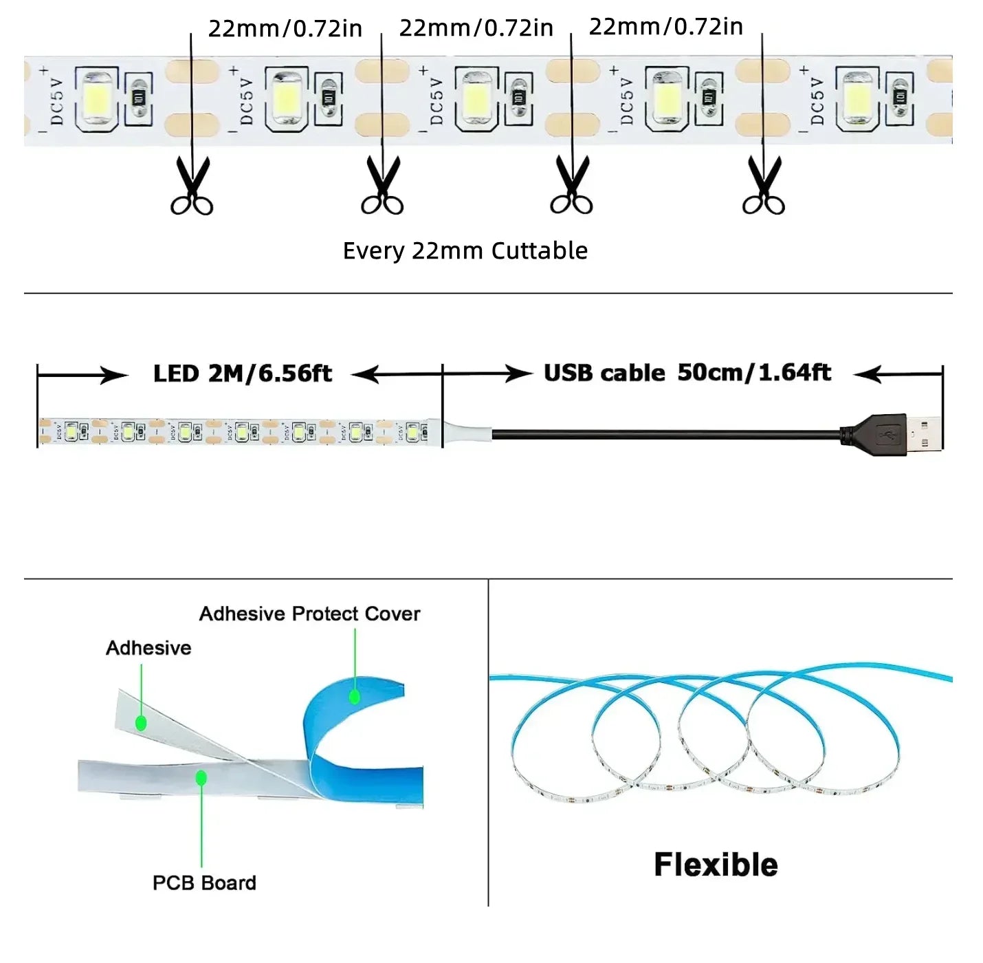 DC 5V USB LED Strip Light 2835 White & Warm White Flexible Tape Light for TV Backlight Home Decor and Ambient Lighting 1–5m